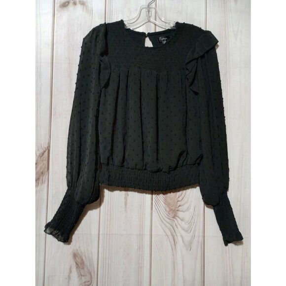 Aqua Smocked‎ Ruffle Shirt Ladies Small Black Long Sleeve - Picture 1 of 7